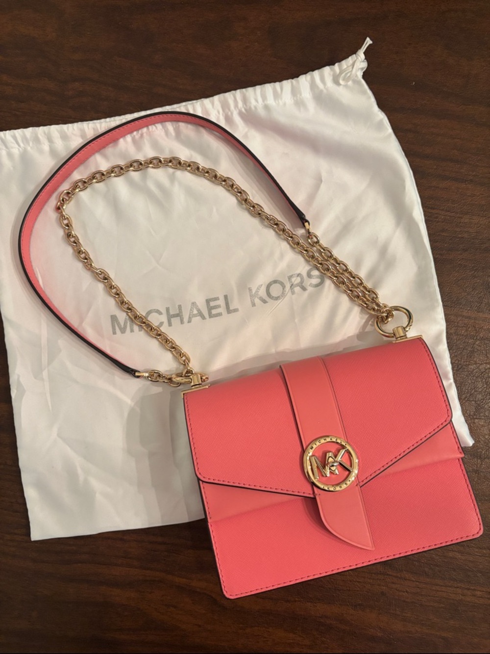 Michael Kors Coral Pink Leather Crossbody with Gold Chain